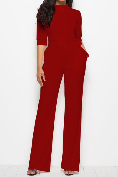 Women’s Mock Neck Tie-Waist Half Sleeve Jumpsuit