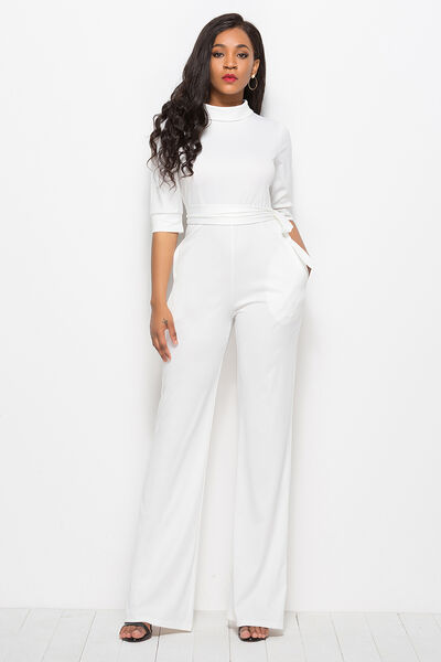 Women’s Mock Neck Tie-Waist Half Sleeve Jumpsuit