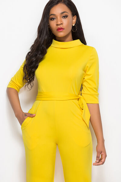 Women’s Mock Neck Tie-Waist Half Sleeve Jumpsuit