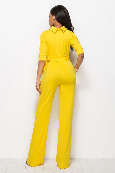 Women’s Mock Neck Tie-Waist Half Sleeve Jumpsuit