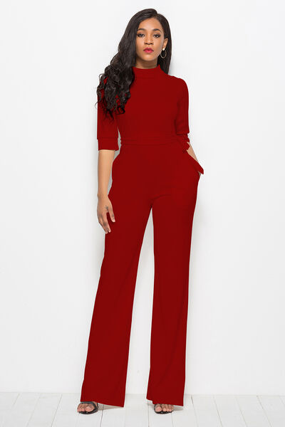 Women’s Mock Neck Tie-Waist Half Sleeve Jumpsuit