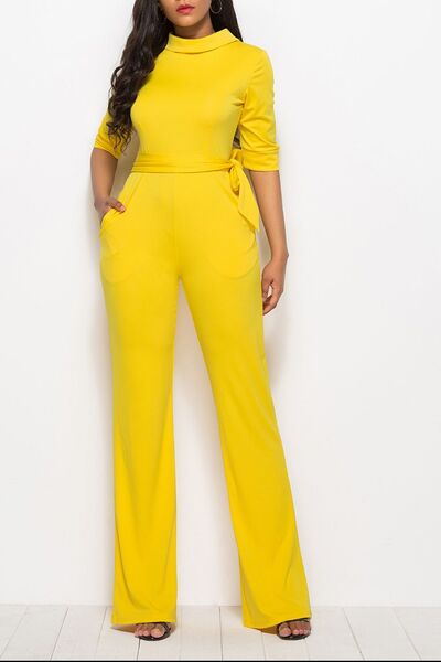 Women’s Mock Neck Tie-Waist Half Sleeve Jumpsuit