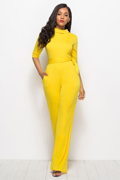 Women’s Mock Neck Tie-Waist Half Sleeve Jumpsuit