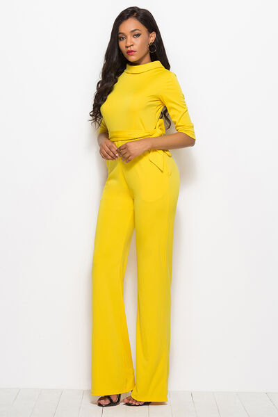 Women’s Mock Neck Tie-Waist Half Sleeve Jumpsuit